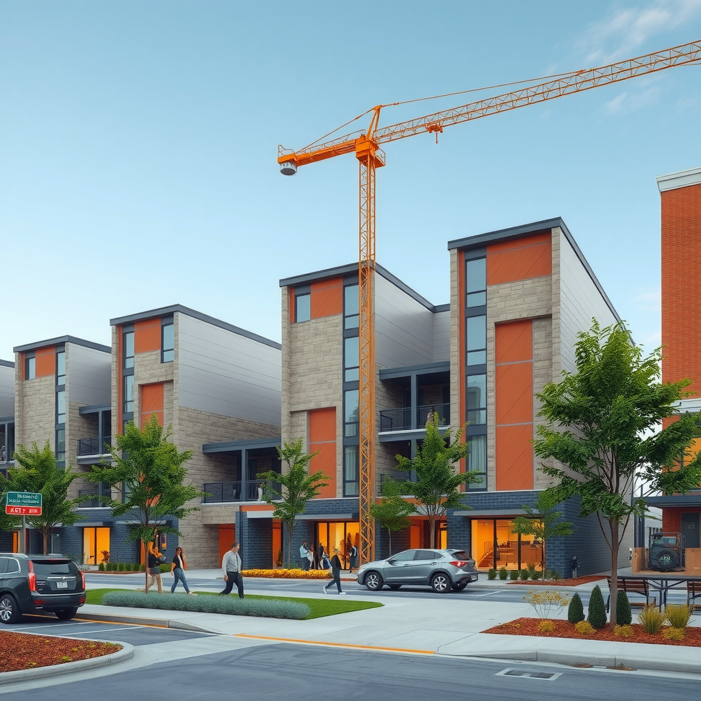 Modern affordable housing complex under construction with energy-efficient design features, community spaces, and families moving into safe quality homes in a downtown neighborhood with preserved historic architecture