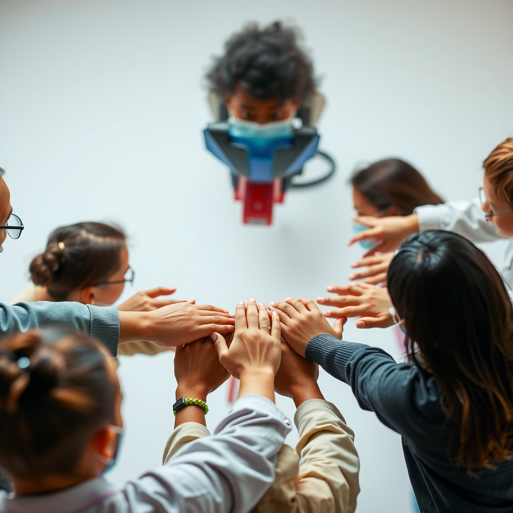 Diverse group of community members joining hands in a circle, symbolizing unity and collective support in community development programs