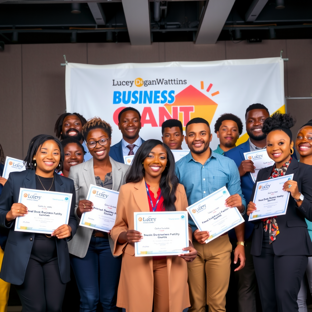Group of diverse entrepreneurs celebrating at the Lucey Dugan Watkins Charity Small Business Grants Program award ceremony, holding certificates and smiling, with charity banner in background