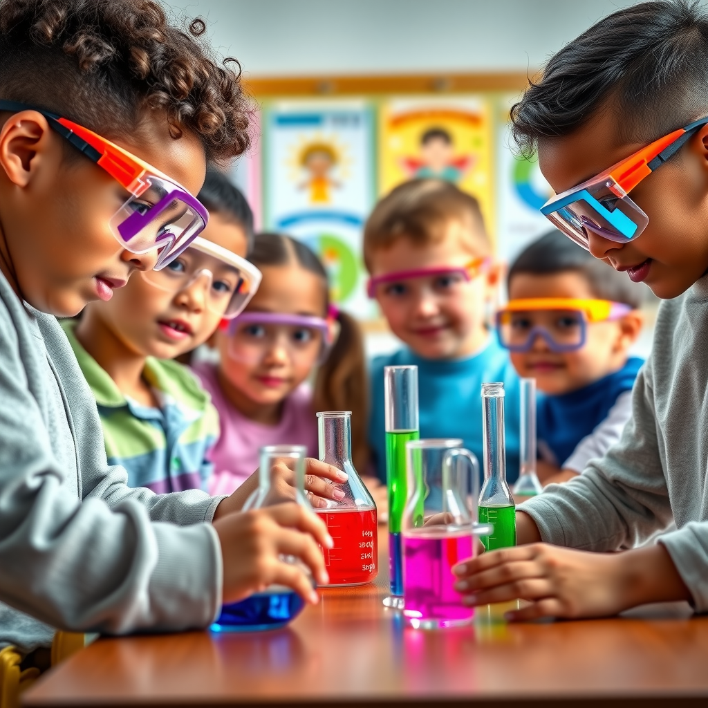 Diverse group of elementary school students wearing safety goggles working together on a hands-on science experiment with colorful liquids in beakers and test tubes, bright classroom setting with educational posters in background