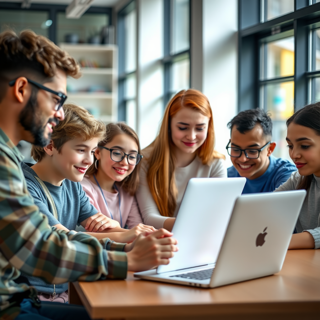 Diverse group of young people collaborating on laptops in a modern learning space with natural lighting, engaged in educational activities and digital literacy training
