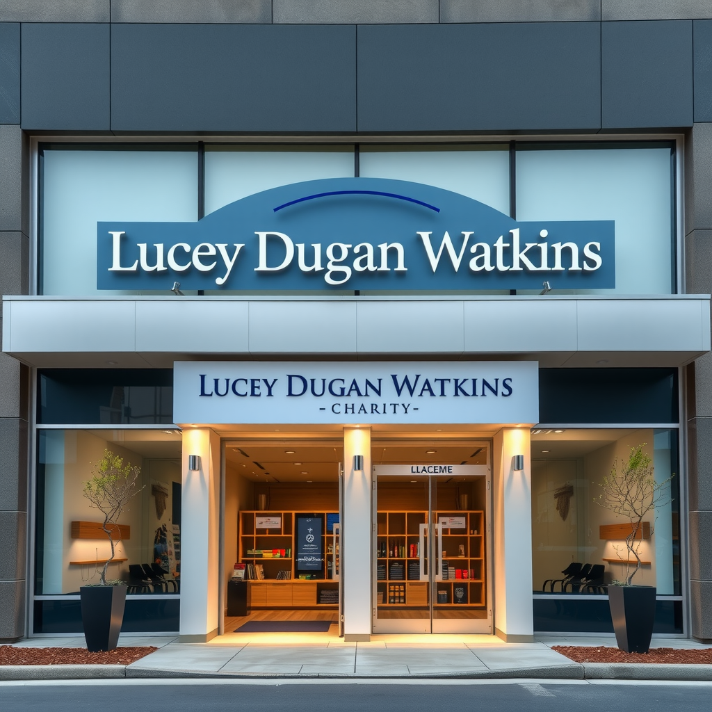 Professional charity organization building exterior with modern architecture, showing the Lucey Dugan Watkins Charity headquarters with clear signage and welcoming entrance