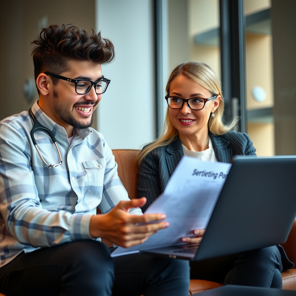 Young adult receiving one-on-one career mentorship from professional mentor in comfortable meeting space, both looking at laptop screen and discussing career planning documents