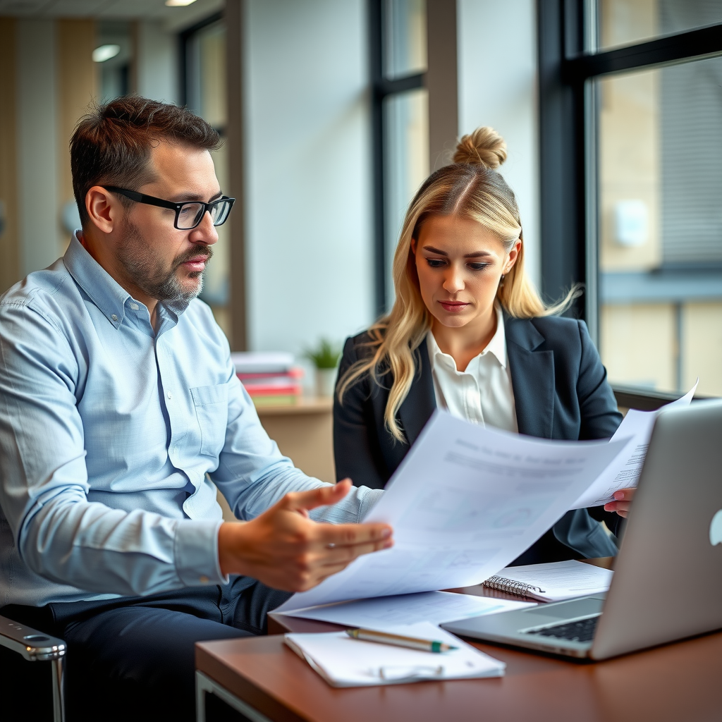 Business mentor coaching a small business grant recipient in a professional office setting, reviewing business plans and financial documents together