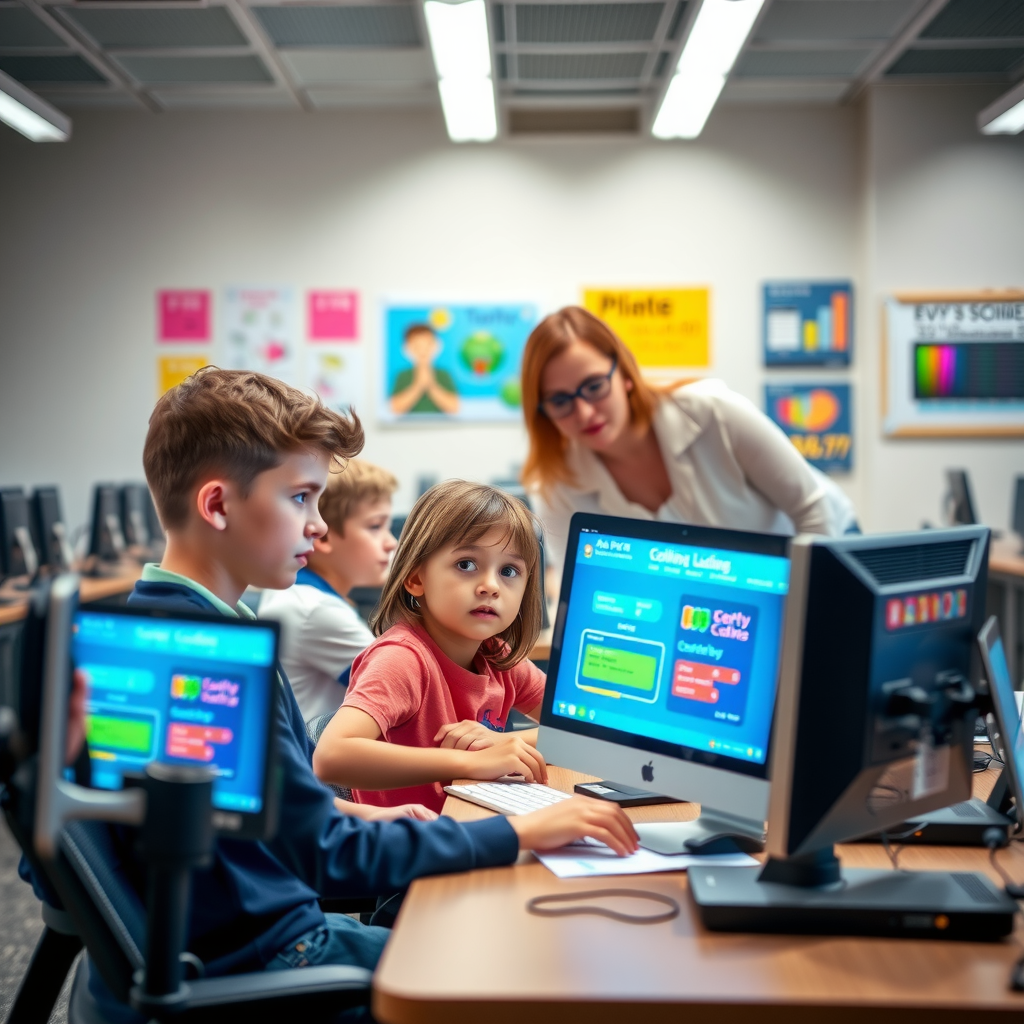 Elementary school students sitting at computers with colorful coding interface on screens, instructor helping a student, modern computer lab with bright lighting and educational technology posters on walls