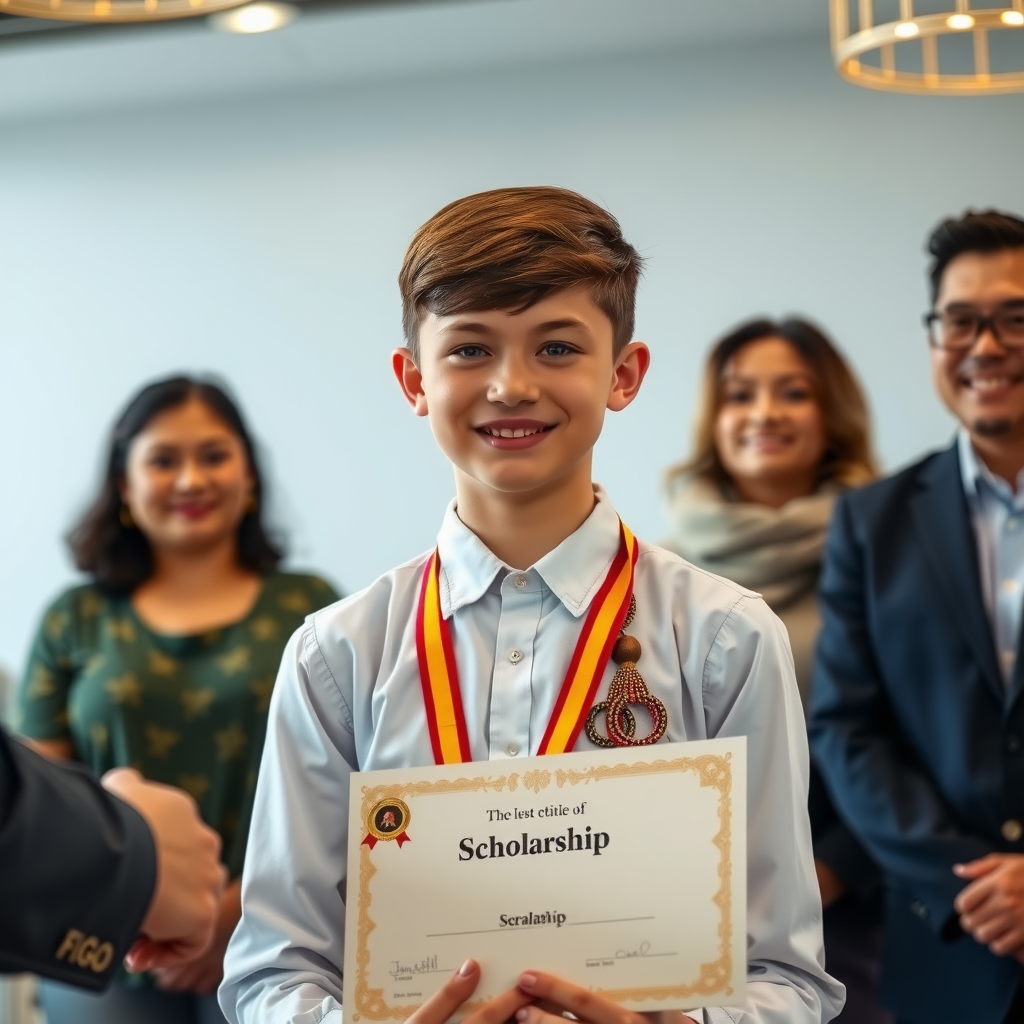 Young student smiling while receiving scholarship certificate from charity representative in a formal ceremony setting with proud family members in background
