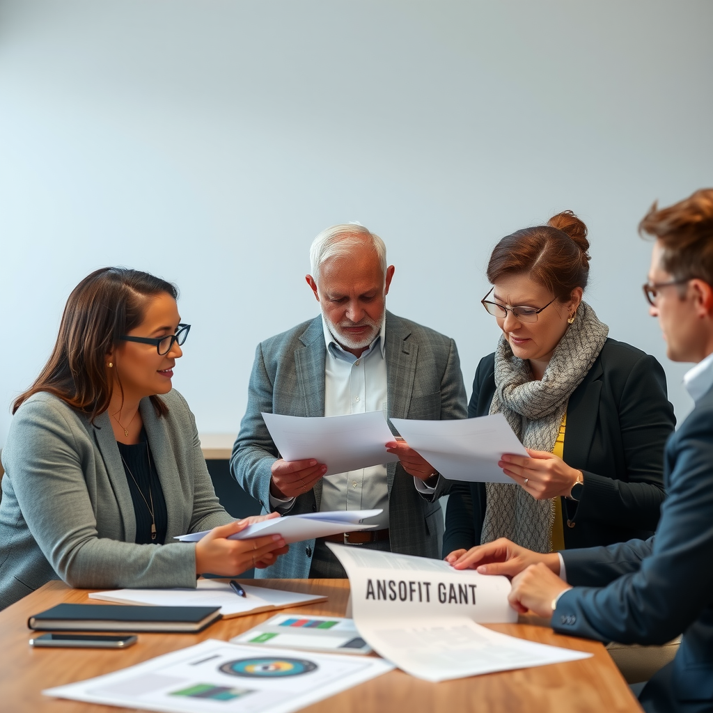 Nonprofit organization leaders reviewing grant application documents and discussing community development project funding opportunities