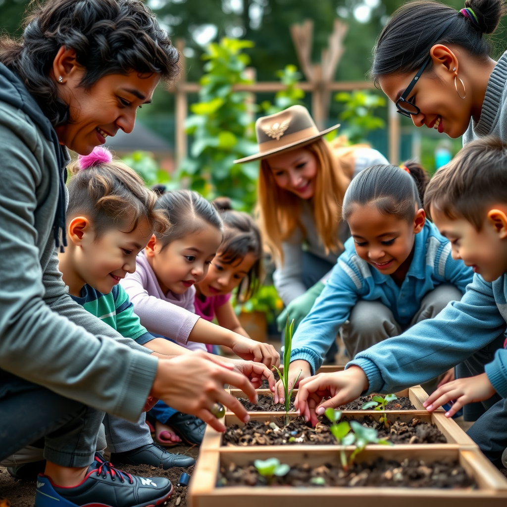 Diverse group of community members of all ages working together in the garden, planting seeds, building raised beds, and sharing knowledge, with children learning alongside adults