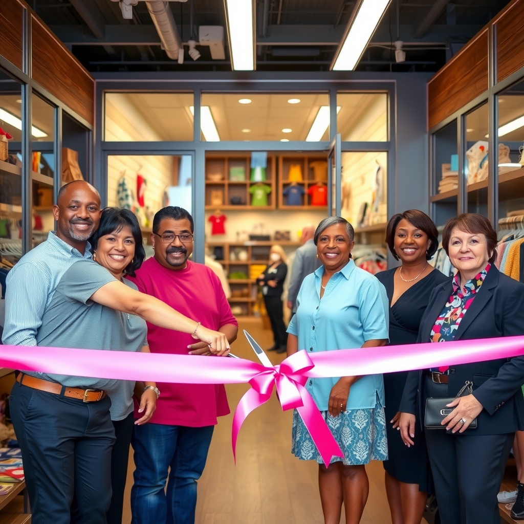 Ribbon cutting ceremony at a new retail store grand opening with the business owner, community members, and Lucey Dugan Watkins Charity representatives celebrating