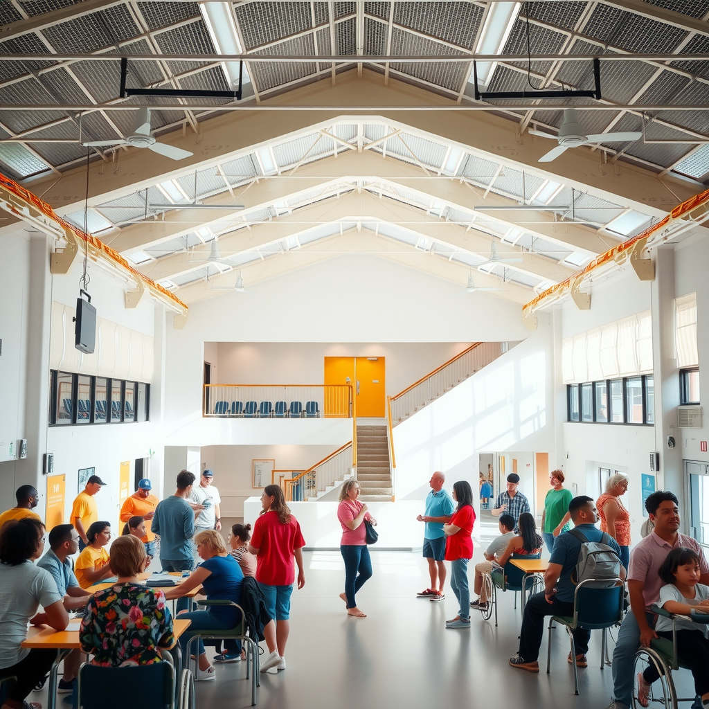 Bright, welcoming community center interior with diverse groups of people engaged in various activities, featuring multipurpose spaces, natural lighting, and accessible design elements