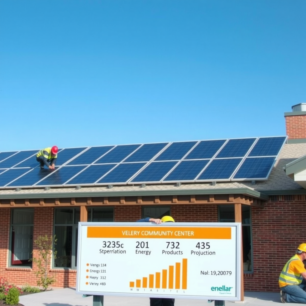 Modern solar panel array installed on roof of community center building, with clear blue sky, workers performing maintenance, and educational display showing energy production statistics in foreground