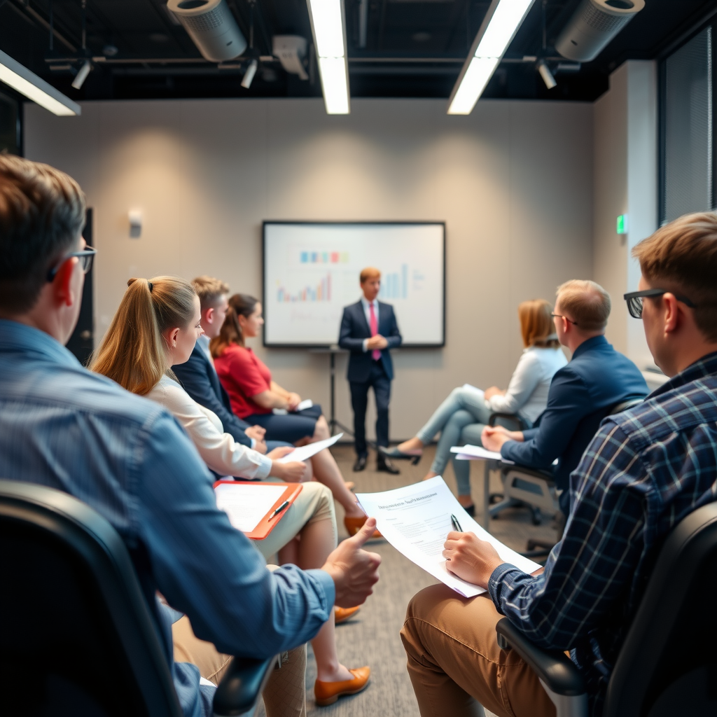 Professional development workshop with grant recipients learning about business fundamentals, seated in a modern training room with instructor presenting