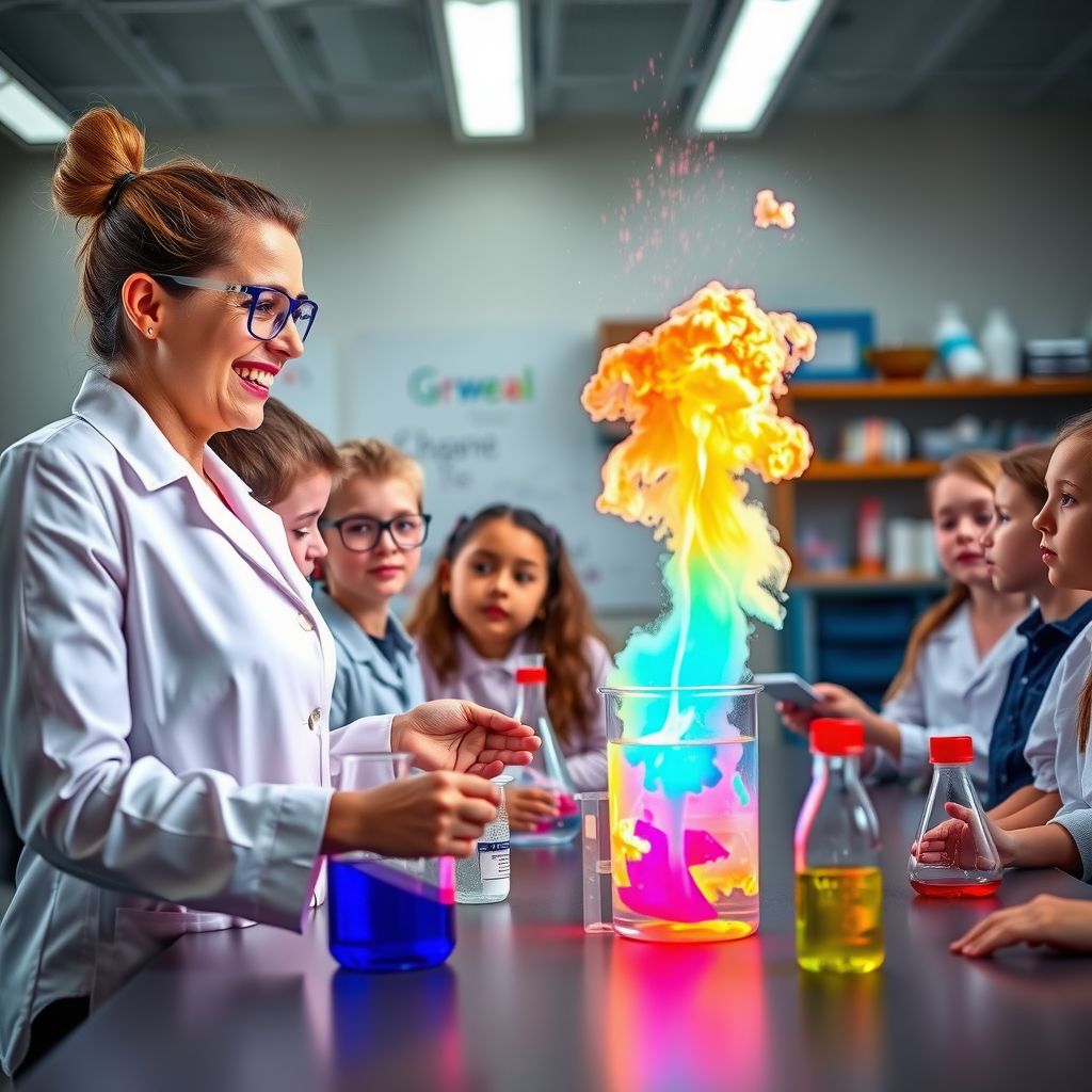 Enthusiastic female instructor in lab coat demonstrating a colorful chemical reaction to a group of engaged elementary students, students taking notes and watching with wonder, well-equipped science classroom with safety equipment visible