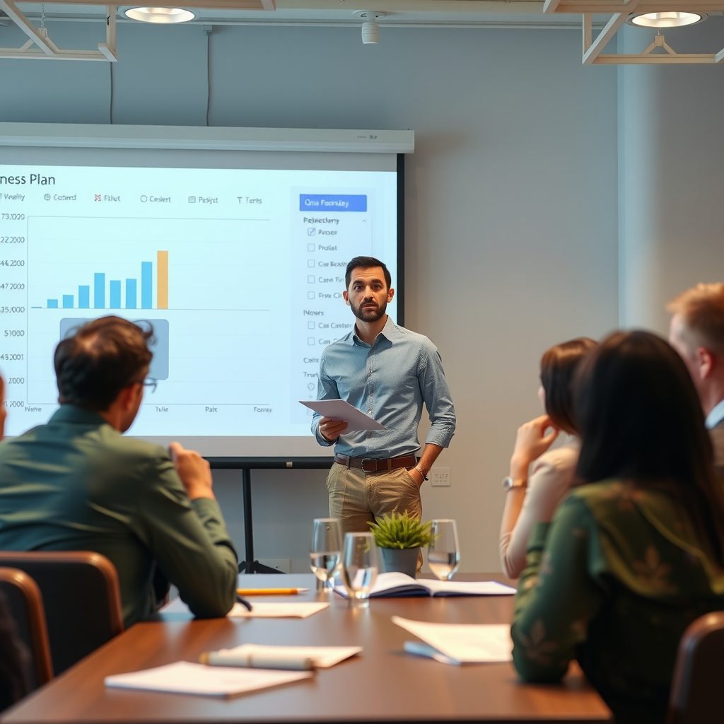 Entrepreneur presenting their business plan to workshop group, standing at front of room with presentation slides, engaged audience taking notes