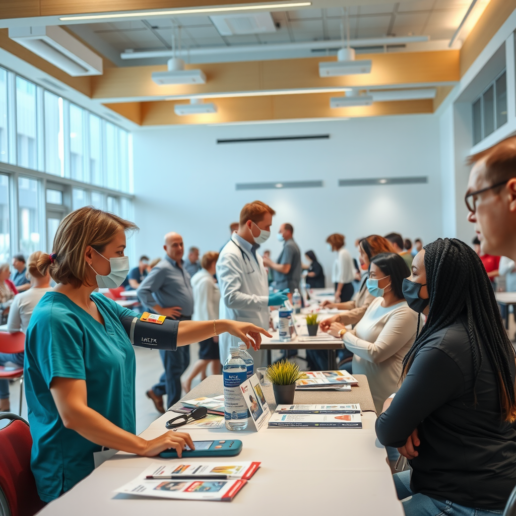 Modern health screening event in community center, healthcare professionals conducting blood pressure checks and health assessments, diverse community members of all ages participating, organized stations for different screenings, informational materials displayed, welcoming and efficient atmosphere