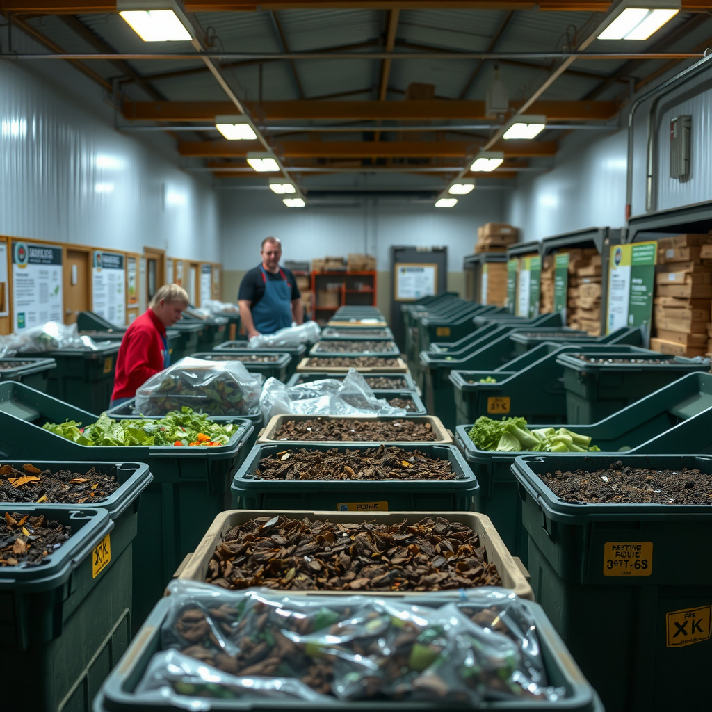 Well-organized community composting facility with multiple composting bins in various stages, educational signage explaining the composting process, volunteers sorting organic materials, and finished compost ready for distribution