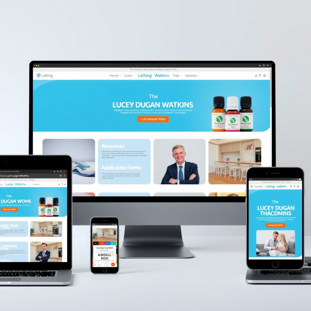 Modern website interface showing the Lucey Dugan Watkins Charity digital platform with various resources, application forms, and community information displayed on multiple devices