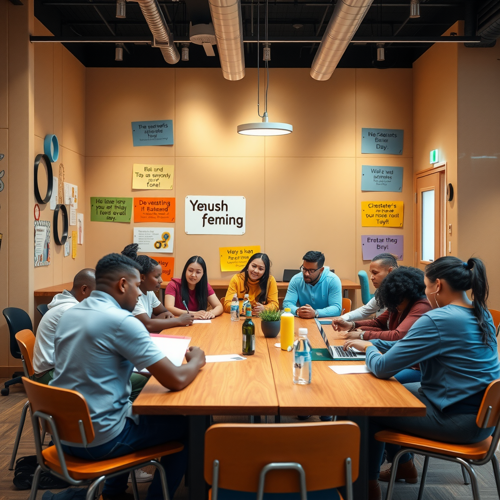 Warm community gathering space at Riverside Youth Center with diverse young people and staff members collaborating around tables, walls decorated with success stories and motivational messages