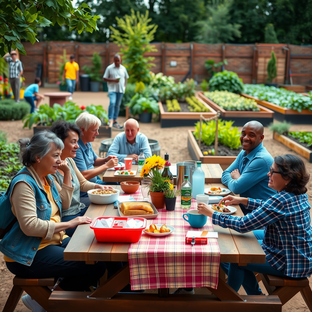 Diverse community members gathered around picnic tables in the garden for a potluck dinner, sharing food and conversation, with children playing nearby and the garden beds visible in the background