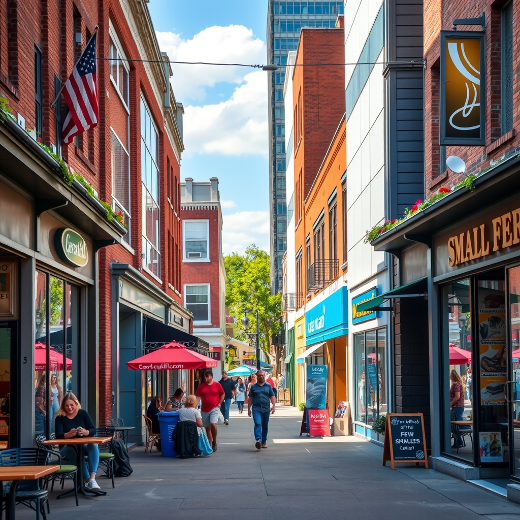 Vibrant commercial street showing multiple new small businesses with customers shopping, outdoor seating, and revitalized storefronts demonstrating economic revitalization