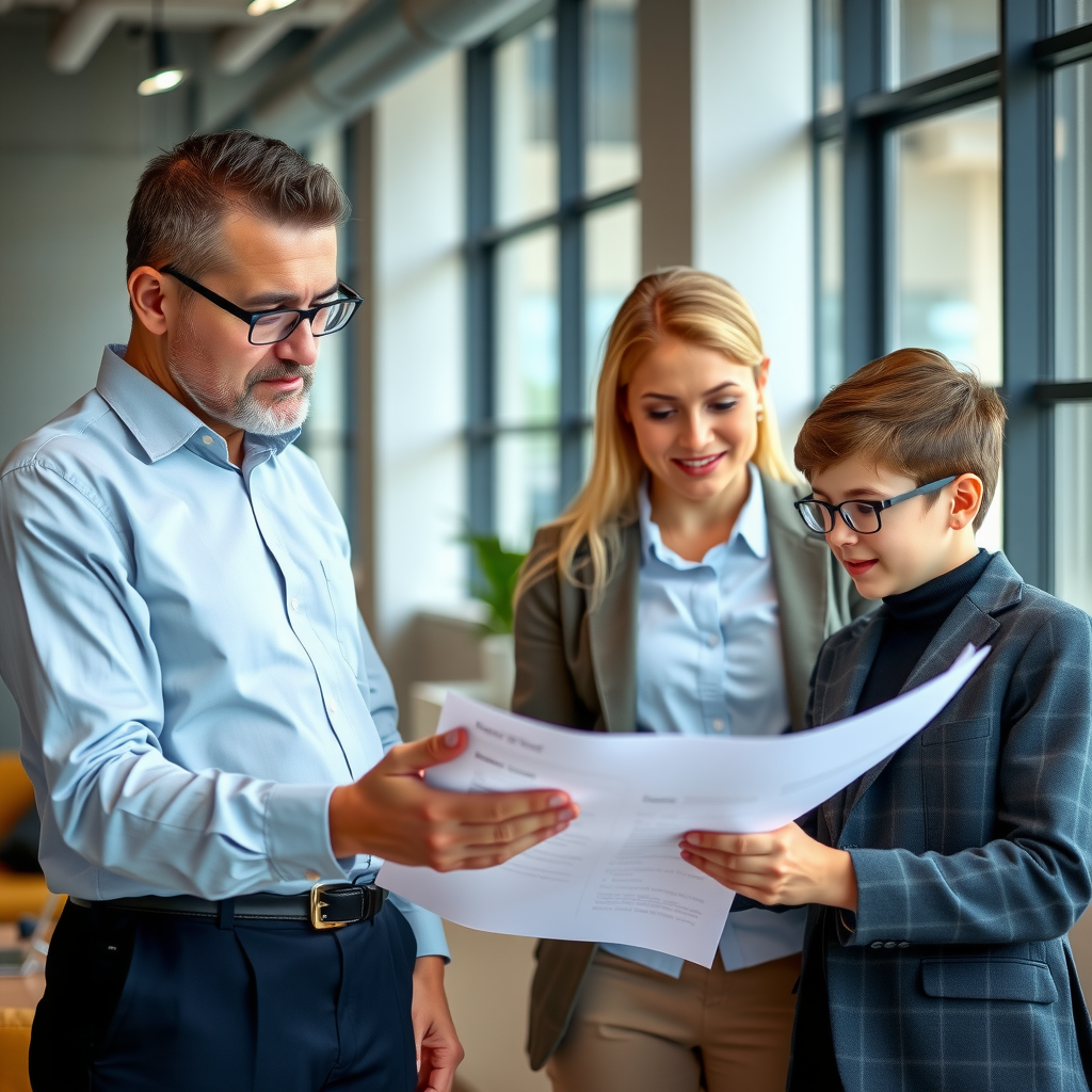 Professional mentor in business attire discussing career planning with young person in modern office setting, reviewing documents and career materials with encouraging, supportive interaction