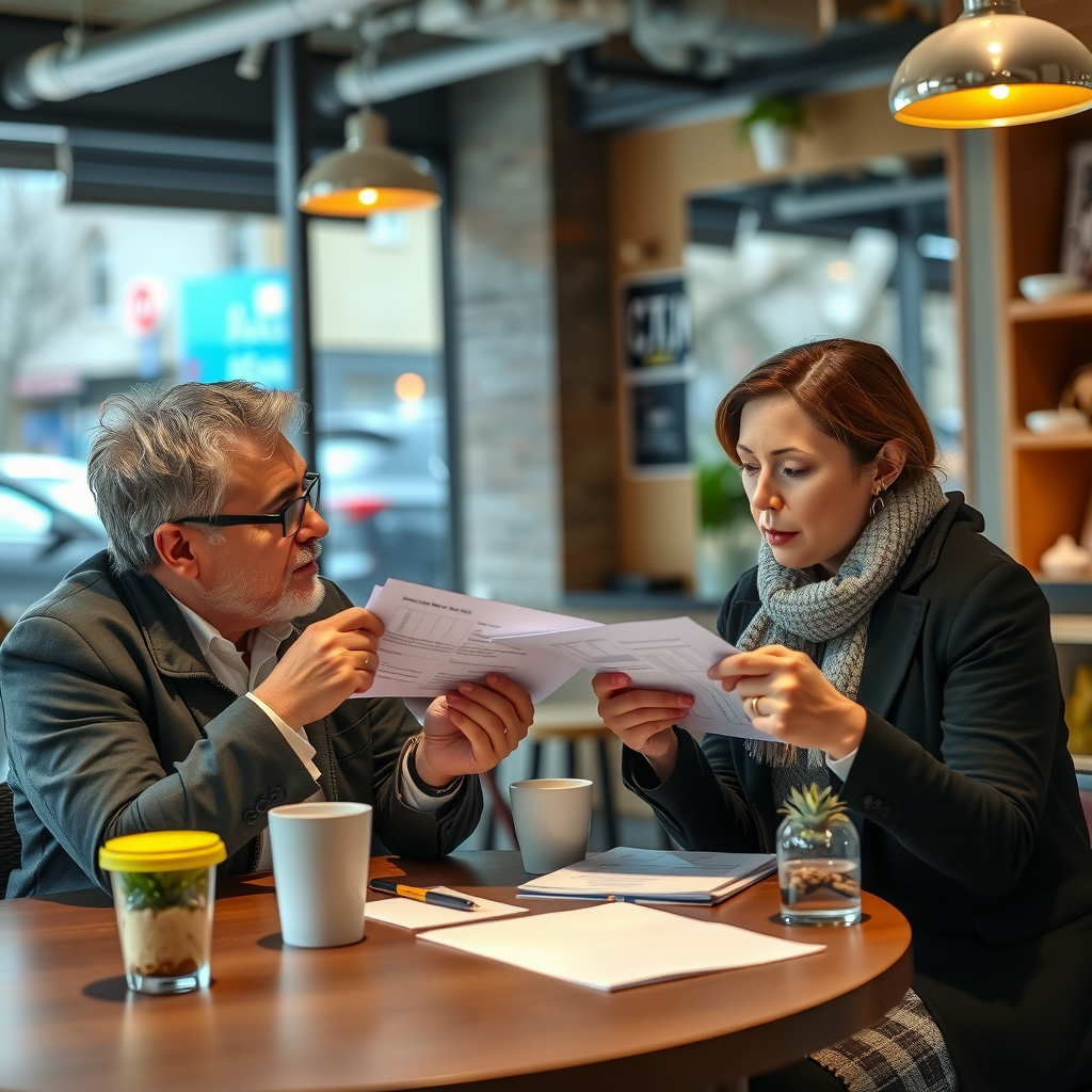 Mentor and mentee having coffee and discussion at a local cafe, reviewing business documents together, warm and collaborative atmosphere