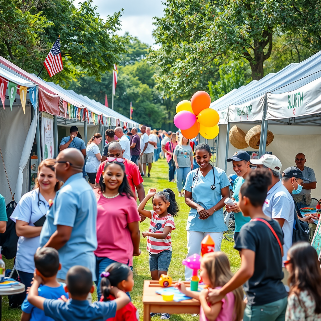 Vibrant outdoor community health fair with multiple tents and booths, families participating in health activities, children playing in designated areas, healthcare workers providing information and services, food vendors offering healthy options, festive atmosphere with banners and balloons, diverse community members engaged and smiling