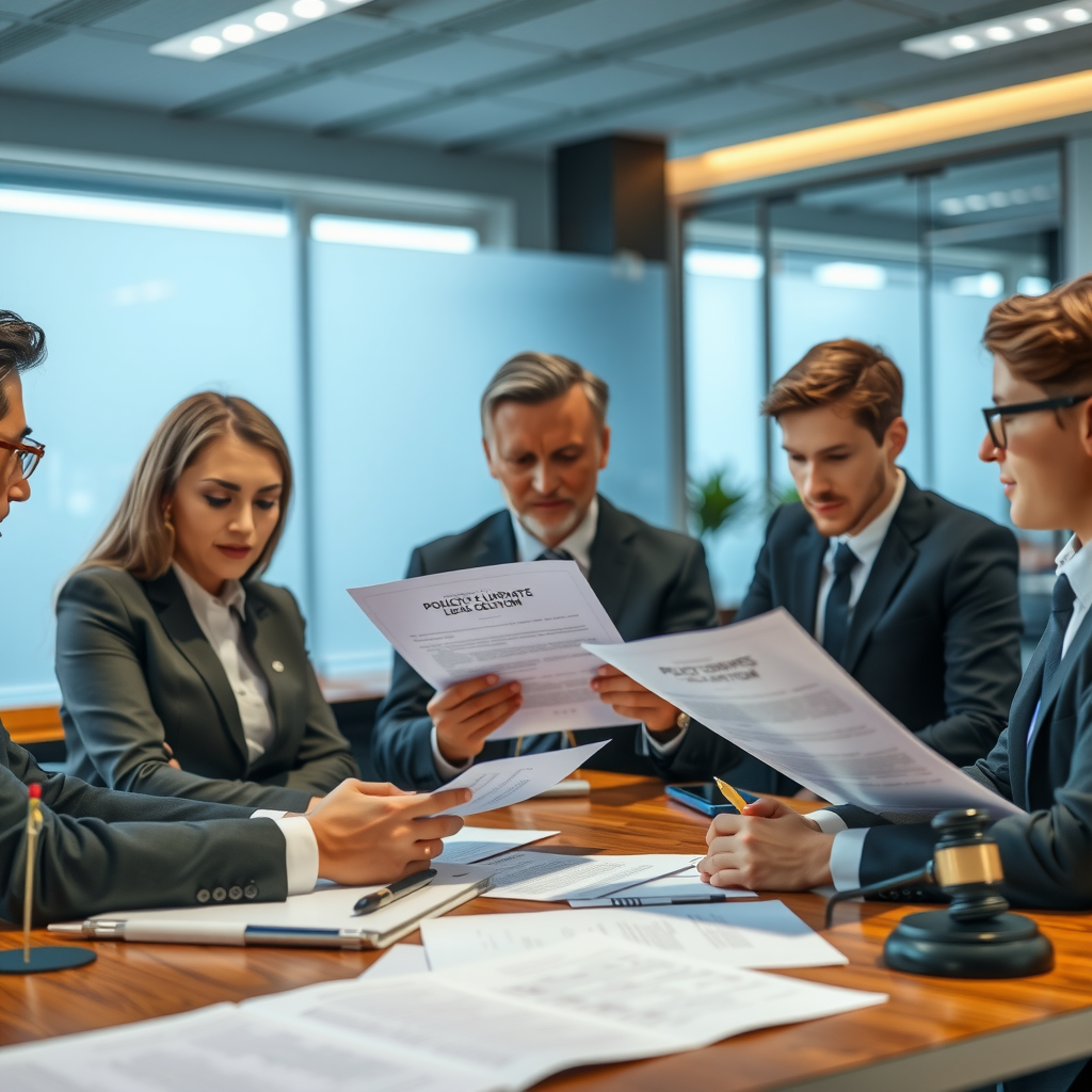 Professional legal documents and policy updates being reviewed, showing modern office setting with legal team ensuring compliance and transparency