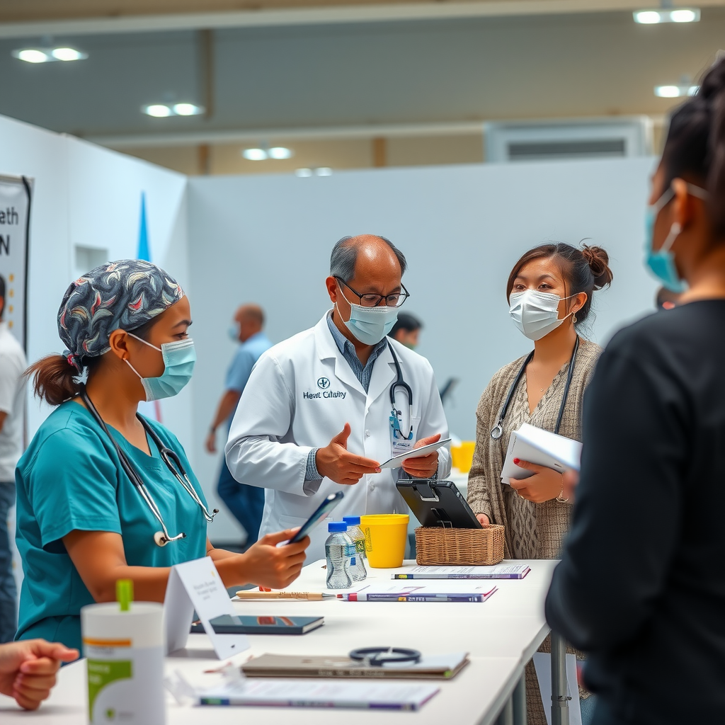 Healthcare professionals providing free health screenings and wellness education to community members at a local health fair
