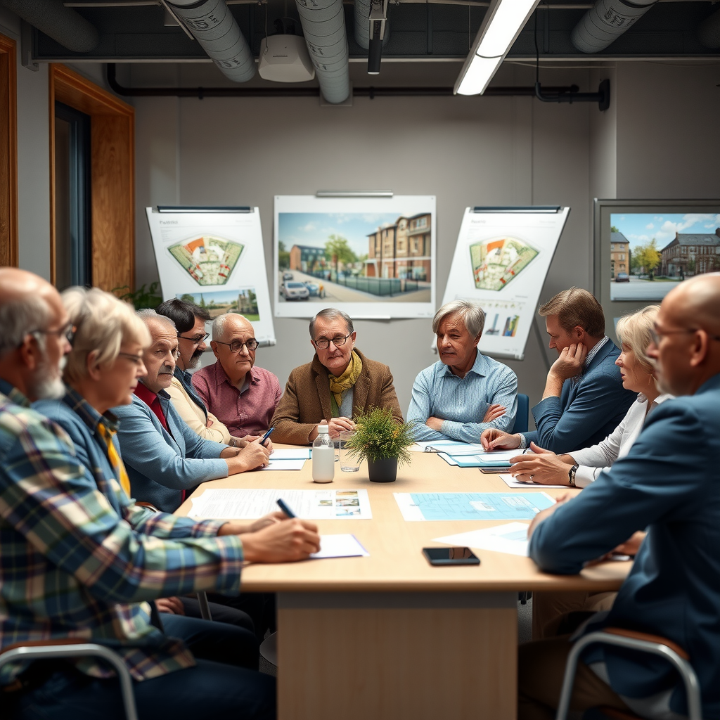 Community meeting with diverse group of residents, developers, and charity representatives sitting around tables discussing plans, with architectural drawings and models visible on display boards