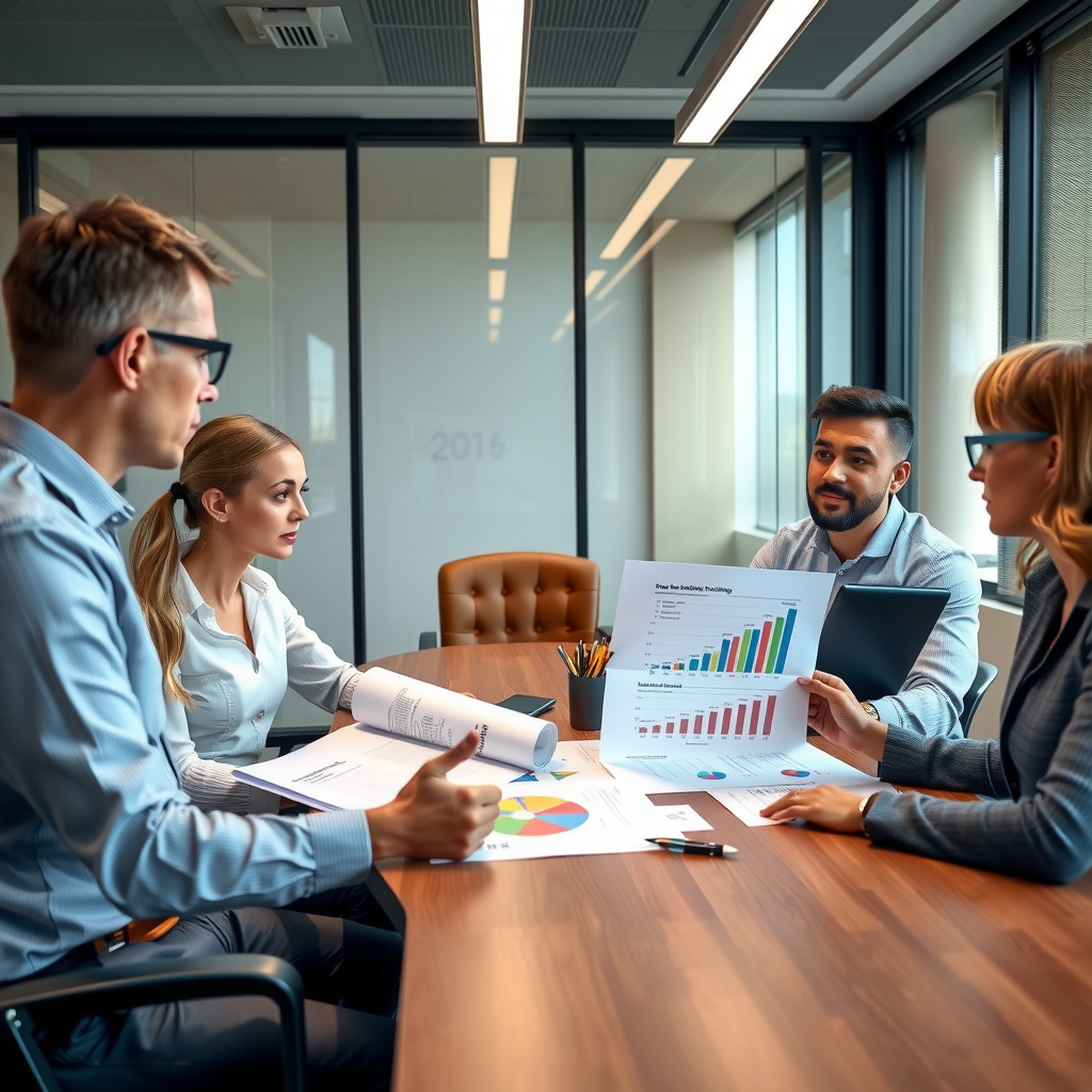 Lucey Dugan Watkins Charity team members planning future program expansion, reviewing documents and charts showing growth projections in a modern conference room