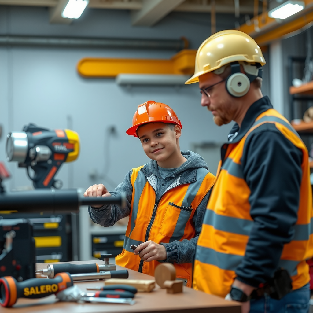 Young person in safety gear learning hands-on technical skills from experienced instructor in well-equipped vocational training workshop with tools and equipment, demonstrating practical skill development