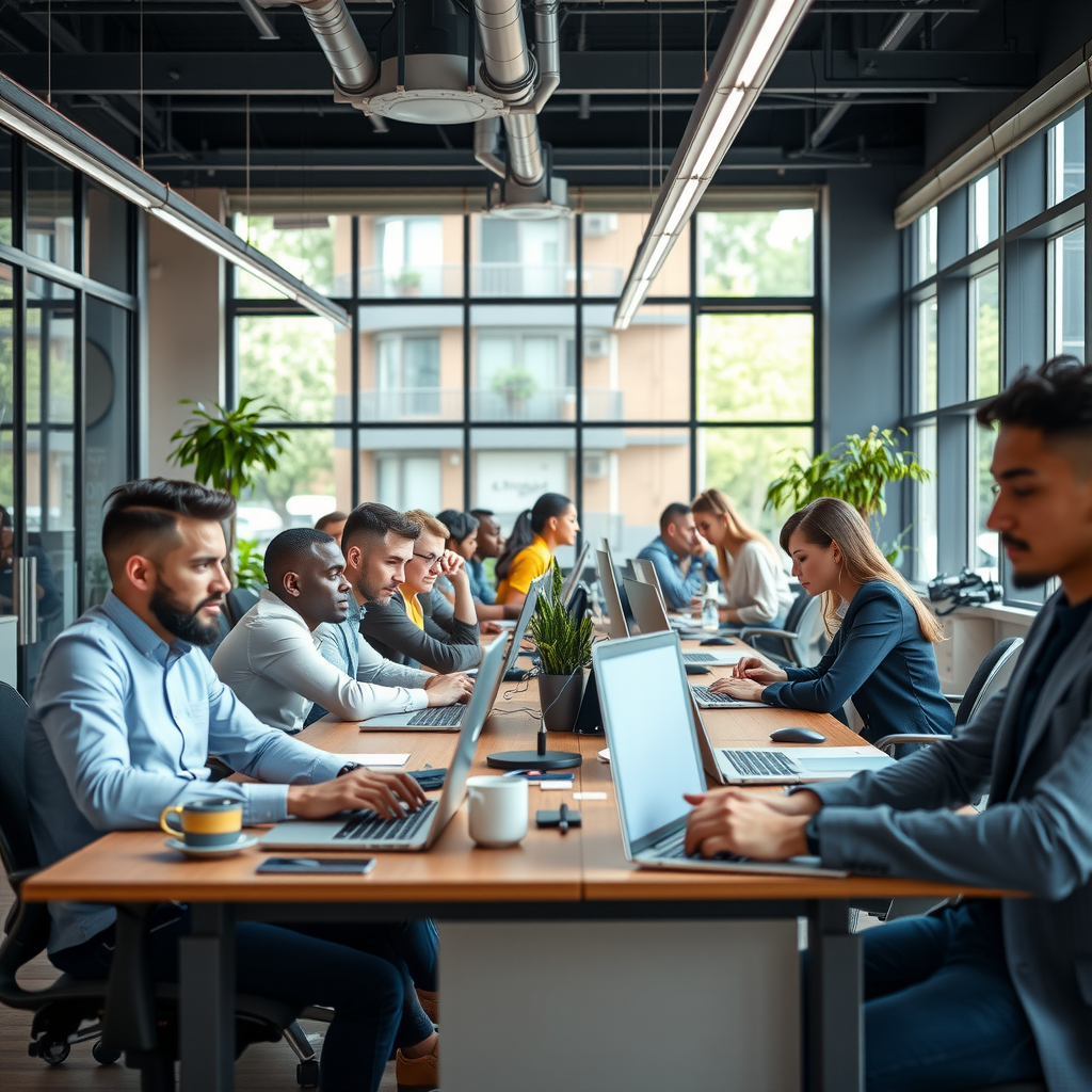 Modern co-working space with entrepreneurs working at desks, collaborative atmosphere with natural light, diverse group of people focused on their businesses