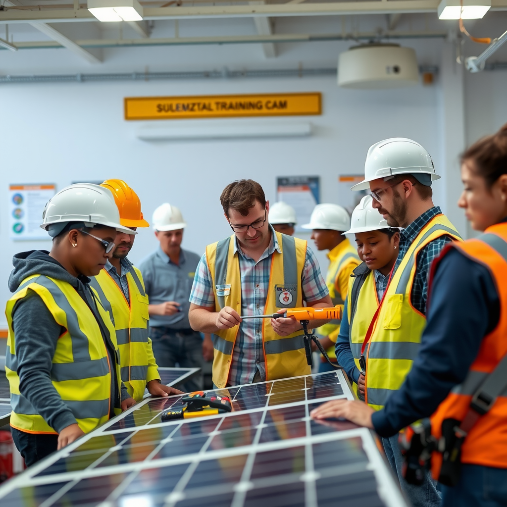 Diverse group of community members participating in hands-on solar installation training workshop, wearing safety equipment, working with solar panels and tools, instructor demonstrating techniques, training facility with educational posters visible
