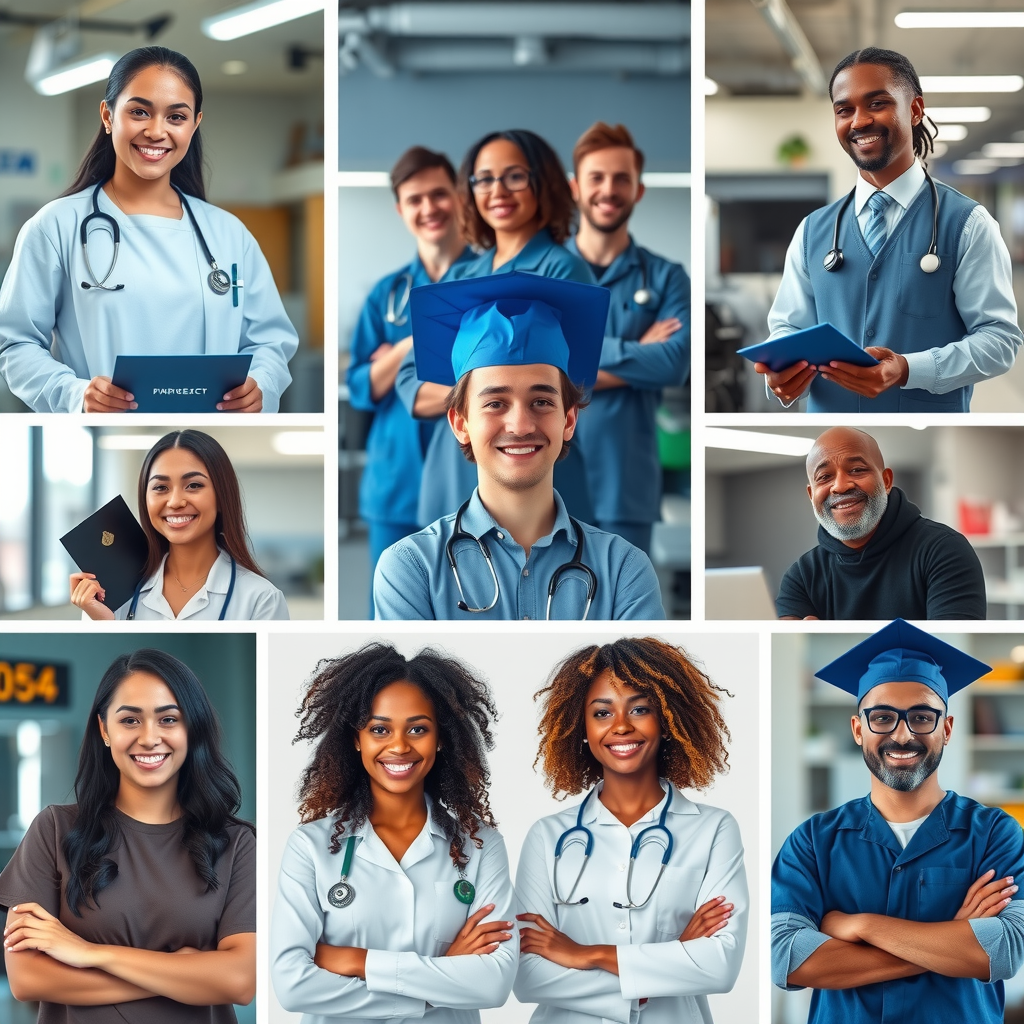 Collage of successful program graduates in various professional settings including healthcare, technology, and skilled trades, showing diverse young people thriving in their chosen careers with confident, accomplished expressions