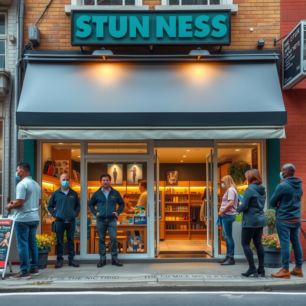 Successful small business storefront with owner and employees standing proudly in front, customers entering the shop, vibrant community street scene