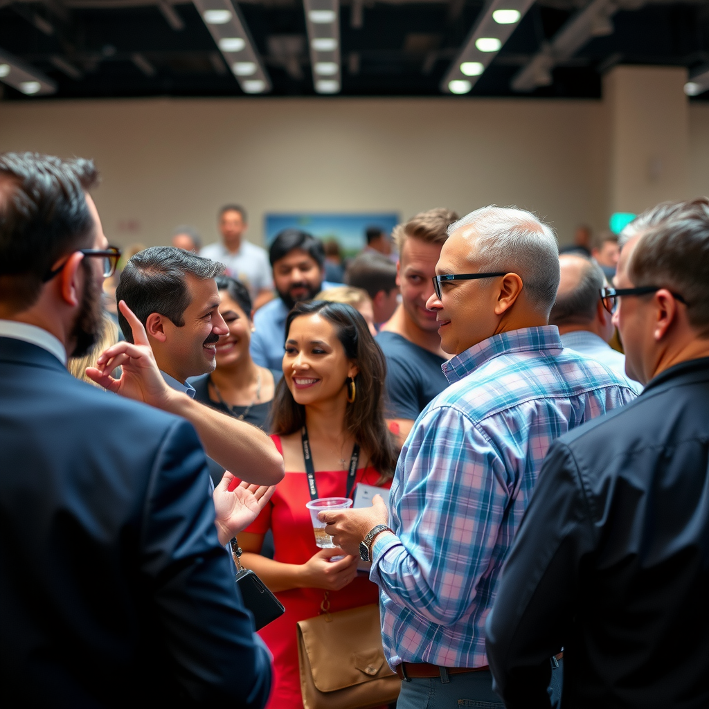 Community networking event with entrepreneurs, business leaders, and support organizations mingling, professional yet welcoming atmosphere, diverse group engaged in conversation