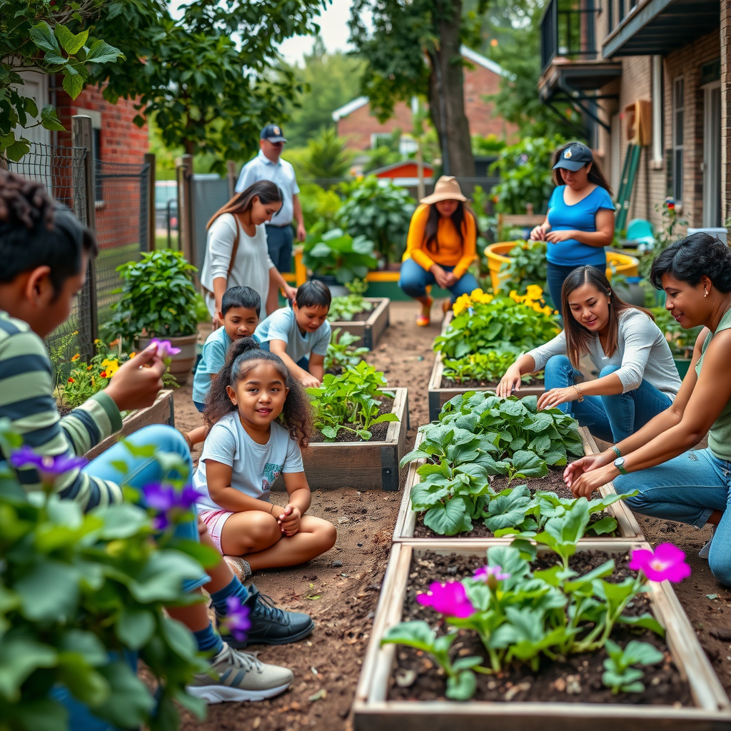 Vibrant community garden with diverse residents working together planting vegetables and flowers in raised beds, with children learning about gardening and neighbors sharing fresh produce in an urban neighborhood setting